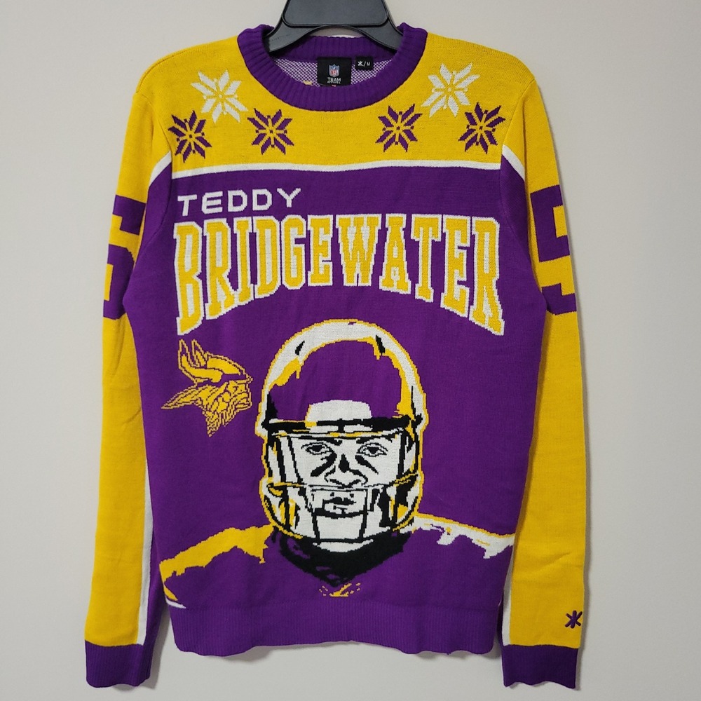 NFL Teddy Bridgewater Vikings Ugly Christmas Sweater Mens M #5 Purple Gold